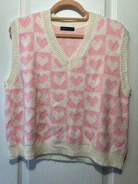 SHEIN Pink & Cream Heart Checker V-Neck Sweater Vest